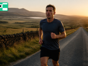 Samotny biegacz na wiejskiej szosie o świcie — długie wybieganie w przygotowaniu do IRONMAN-a (ilustracja AI)