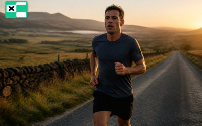 Samotny biegacz na wiejskiej szosie o świcie — długie wybieganie w przygotowaniu do IRONMAN-a (ilustracja AI)