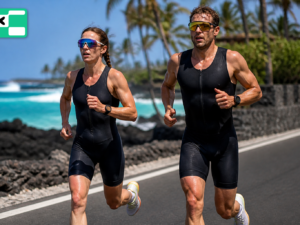 Triathlonistka i triathlonista biegną na trasie w stylu Kona (ilustracja AI)