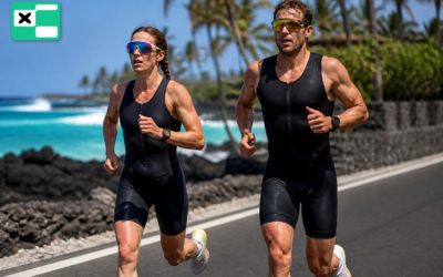 Triathlonistka i triathlonista biegną na trasie w stylu Kona (ilustracja AI)