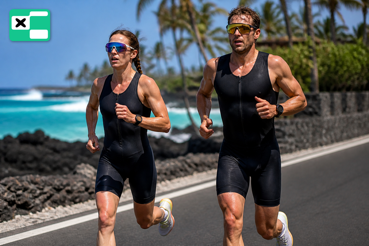 Triathlonistka i triathlonista biegną na trasie w stylu Kona (ilustracja AI)