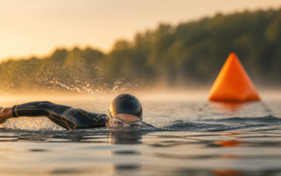 Sighting w open water — pływak triathlonowy zerka na pomarańczową bojkę