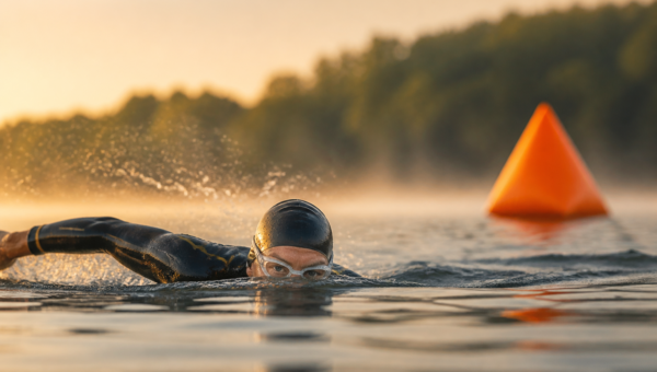 Sighting w open water — pływak triathlonowy zerka na pomarańczową bojkę