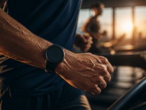 watchOS 27 dla triathlonisty — sportowy smartwatch GPS na nadgarstku biegacza (ilustracja AI)