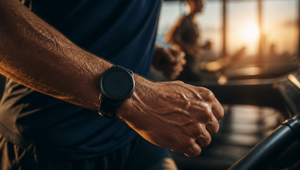 watchOS 27 dla triathlonisty — sportowy smartwatch GPS na nadgarstku biegacza (ilustracja AI)