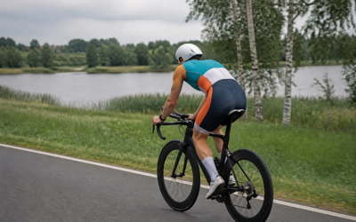 Triathlonista w kolorowym stroju na rowerze nad mazurskim jeziorem