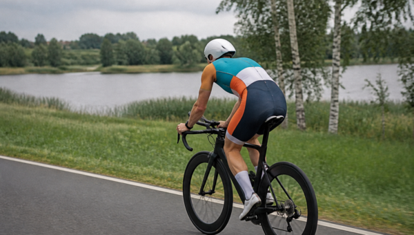 Triathlonista w kolorowym stroju na rowerze nad mazurskim jeziorem