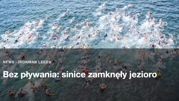 Masowy start plywacki widziany z gory, dziesiatki zawodnikow w wodzie