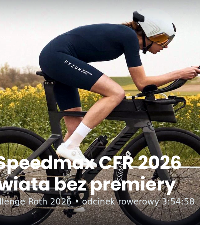 Canyon Speedmax CFR 2026 – triathlonistka na nowym rowerze TT w polu słoneczników, napis: Rekord świata bez premiery