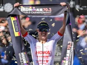 Taylor Knibb na mecie mistrzostw świata IRONMAN 70.3 w Nicei
